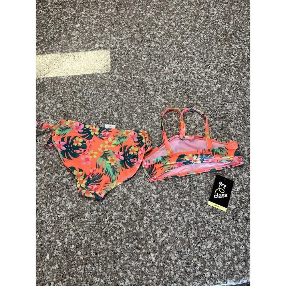 Art Class Girls Pink Green Tropical Palm Bikini Set UPF 50+ Size M (8)  NWT